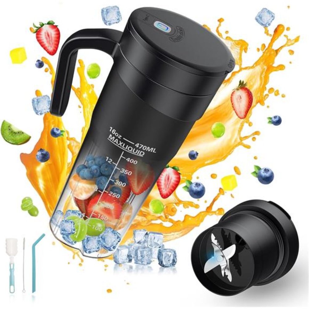16 Oz Rechargeable USB-C Personal Size Blender with 6 Blades,  Black